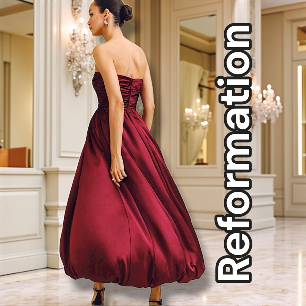 Reformation Elspeth Burgundy Strapless Dress, Size 00 - Picture 5 of 11